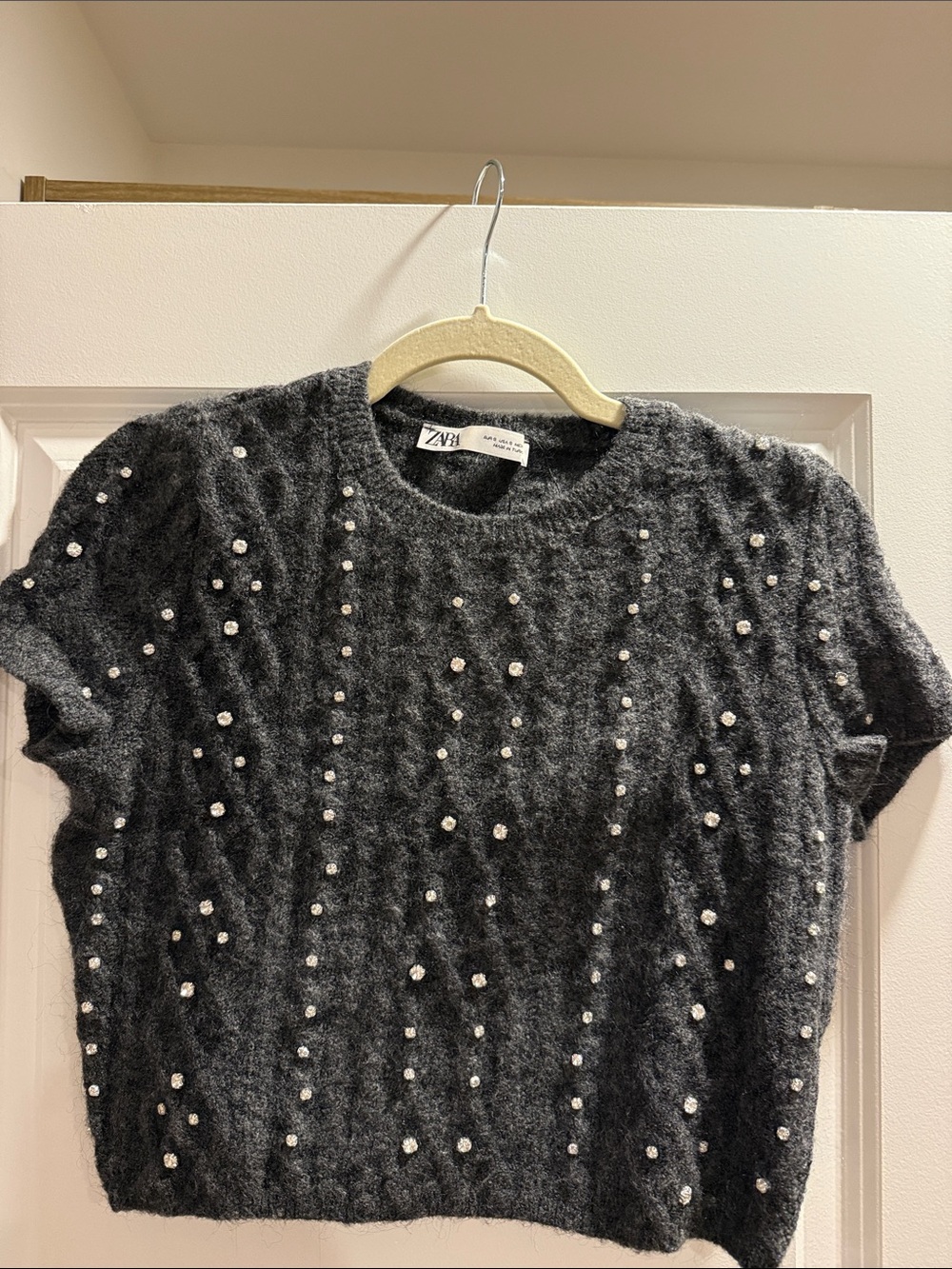 Zara Dark Gray Pearl-Embellished Short Sleeve Sweater